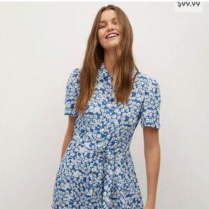 Mango midi short sleeve blue floral shirt dress new with tags